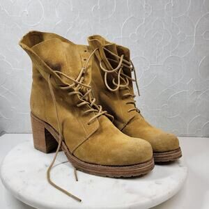 Frye Karen Women Combat Boots 9.5 Tan Suede Leather Chunky Block Heel